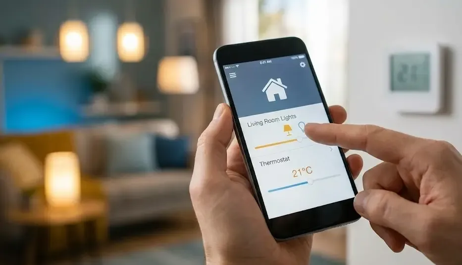 Primer plano de una persona usando una aplicación en su smartphone para controlar las luces y la temperatura de su salón