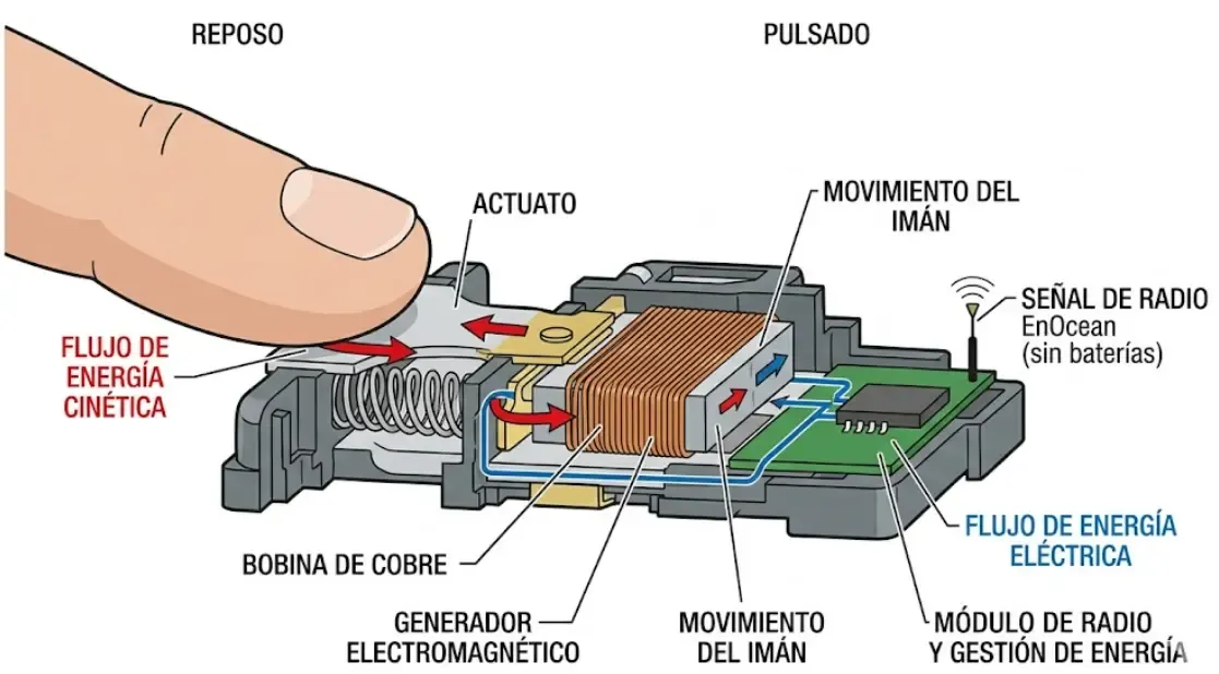 Ilustración técnica en corte transversal de un interruptor EnOcean, mostrando la bobina de cobre, el imán y el flujo de energía cinética al ser pulsado por un dedo.