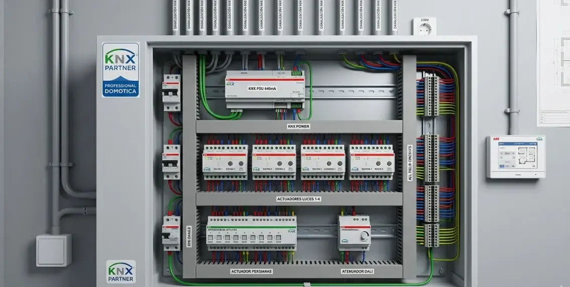 Cuadro eléctrico con actuadores y fuente de alimentación para una instalación de domótica profesional KNX.