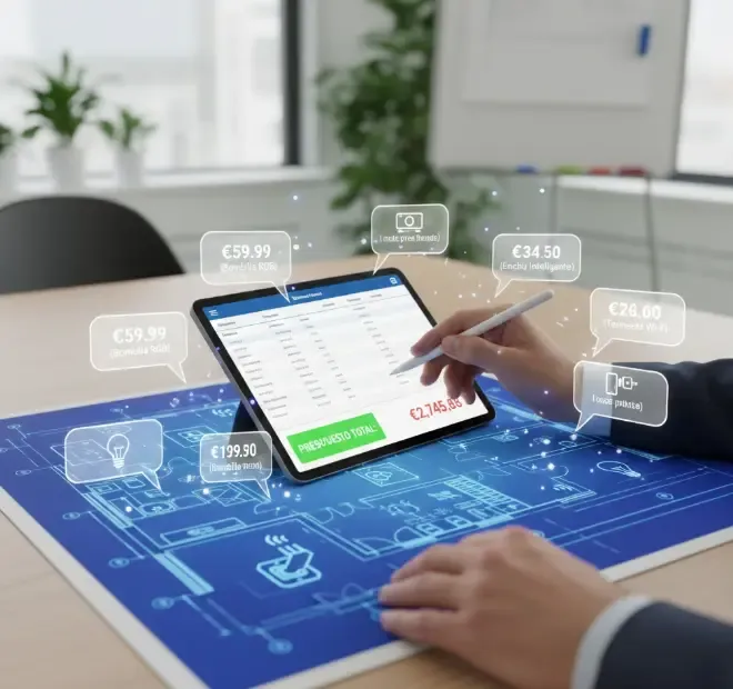 Persona calculando un presupuesto sobre un plano de una casa inteligente con iconos de dispositivos y etiquetas de precio flotantes