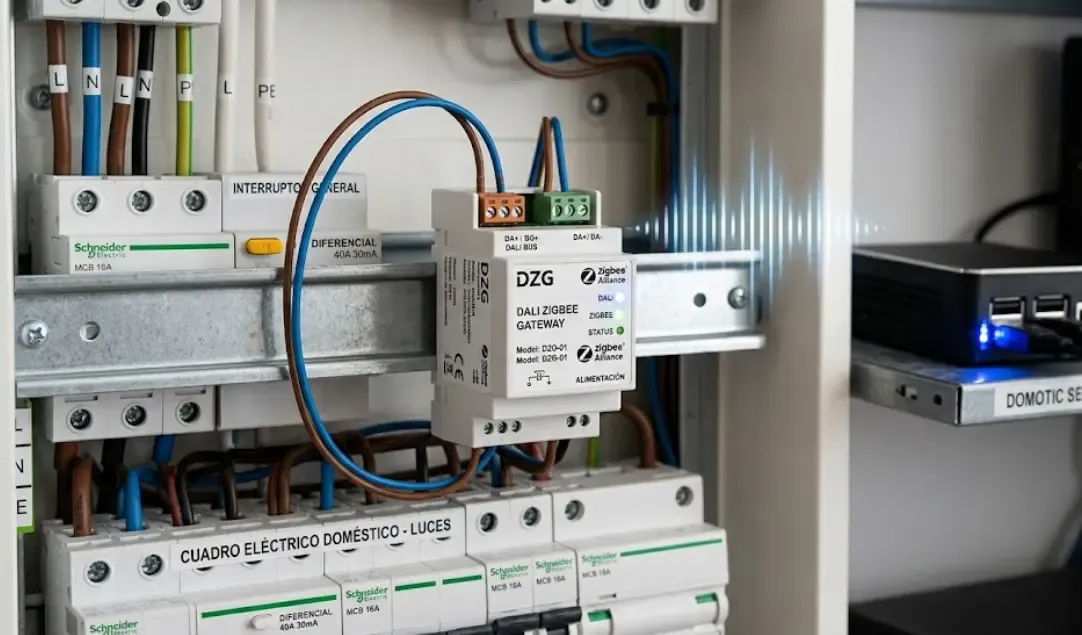 Fotografía de un pequeño módulo Gateway DALI a Zigbee montado en un cuadro eléctrico en carril DIN, conectado por un lado a los cables del bus y emitiendo señal inalámbrica a un servidor doméstico.