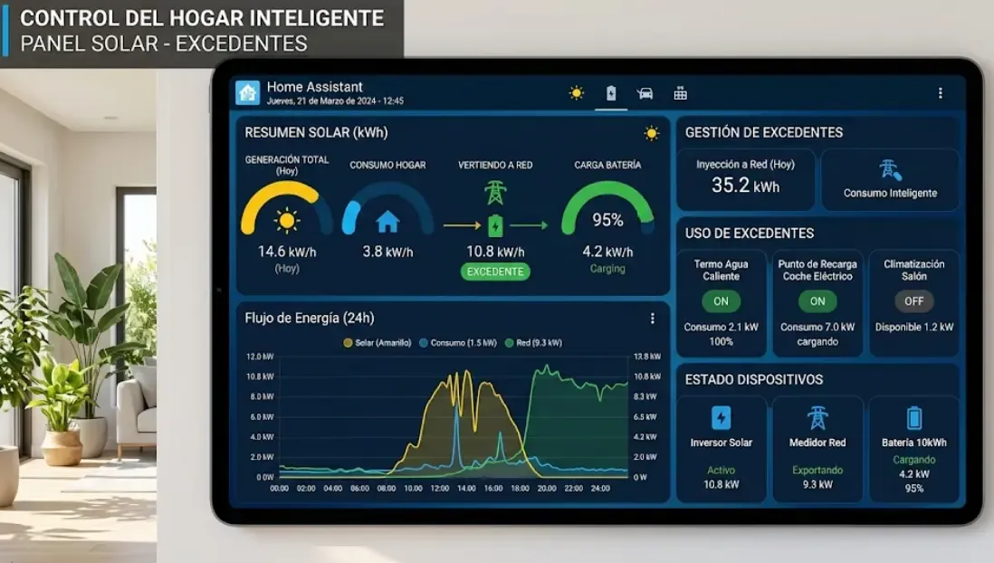 Dashboard de Home Assistant con monitorización de excedentes fotovoltaicos