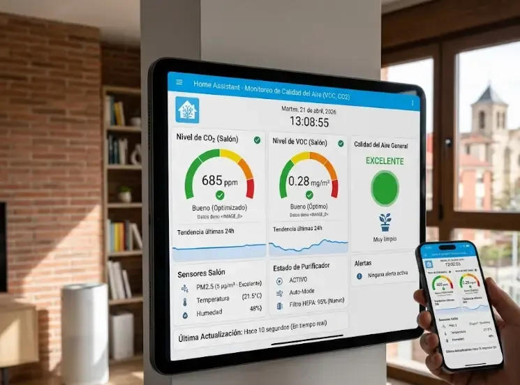 Dashboard de Home Assistant mostrando niveles de VOC, CO2 y calidad del aire en tiempo real