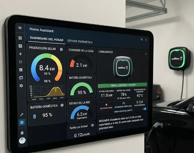 Dashboard de Home Assistant con cargador EV y producción solar