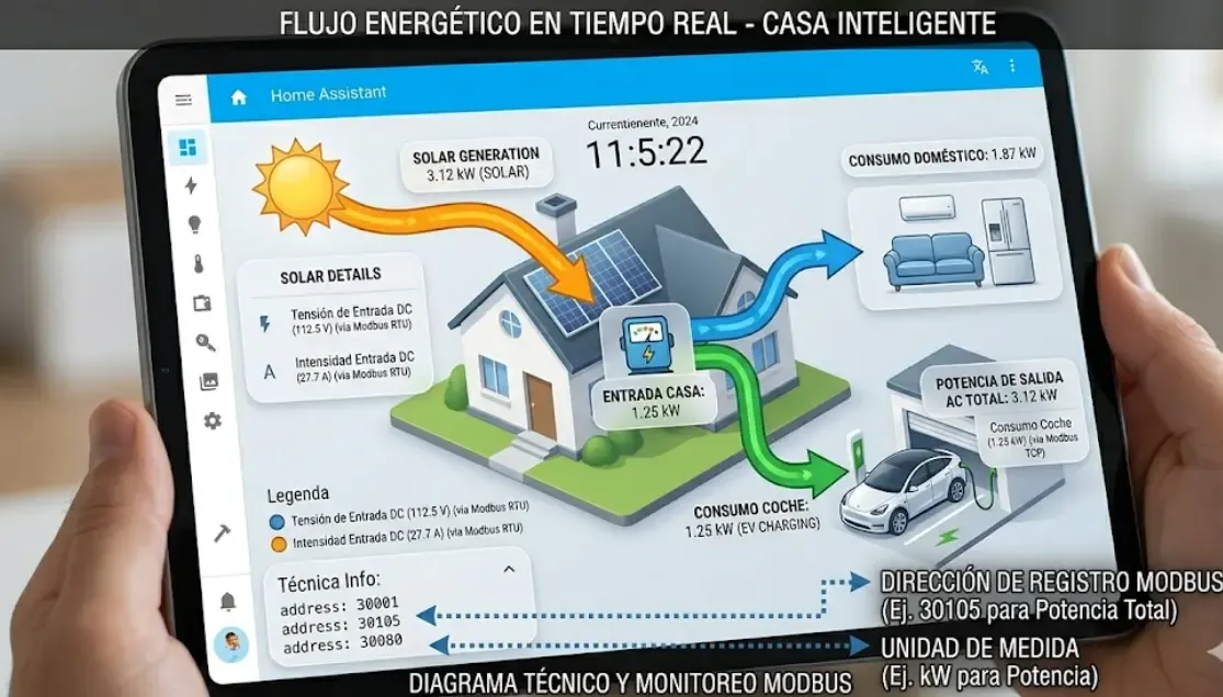 Panel de control muy pulido de Home Assistant en una tablet, mostrando un diagrama de flujo energético en tiempo real con los vatios del sol entrando a la casa y dirigiéndose al coche, todo capturado vía Modbus.
