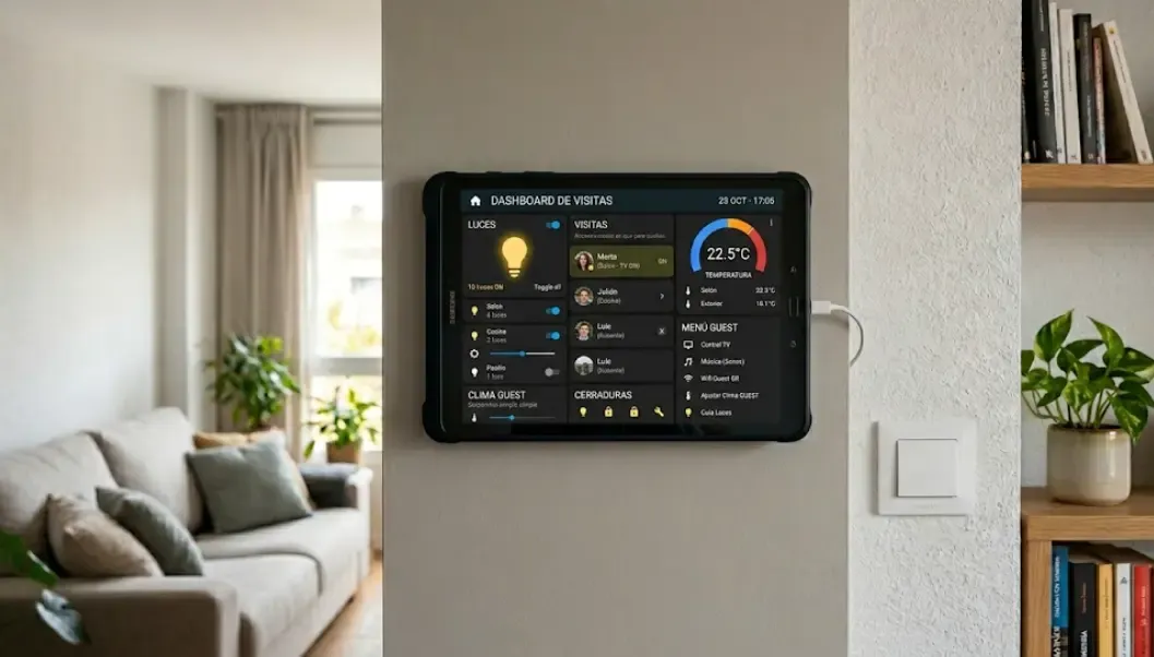 Dashboard de visitas en Home Assistant con tarjetas de luces y temperatura