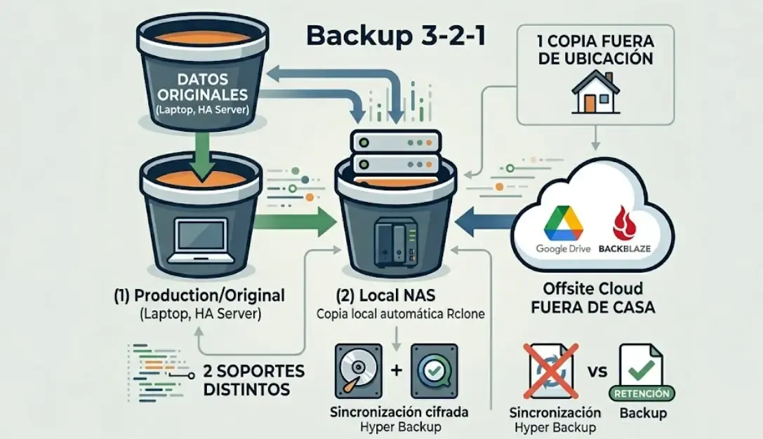 Diagrama estrategia backup 3-2-1 con NAS y nube