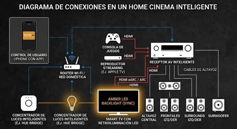 Diagrama de conexiones en un home cinema inteligente