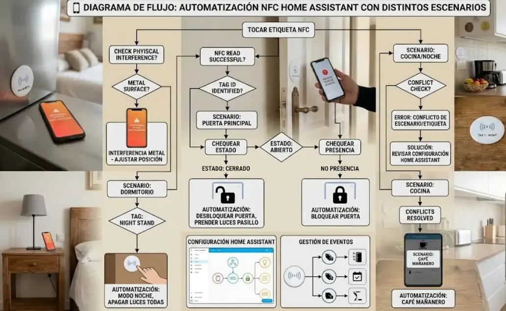 Diagrama de flujo automatización NFC Home Assistant con distintos escenarios