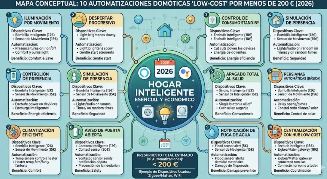 Dispositivos domóticos esenciales para empezar: enchufe, bombilla y sensor de movimiento en 2026