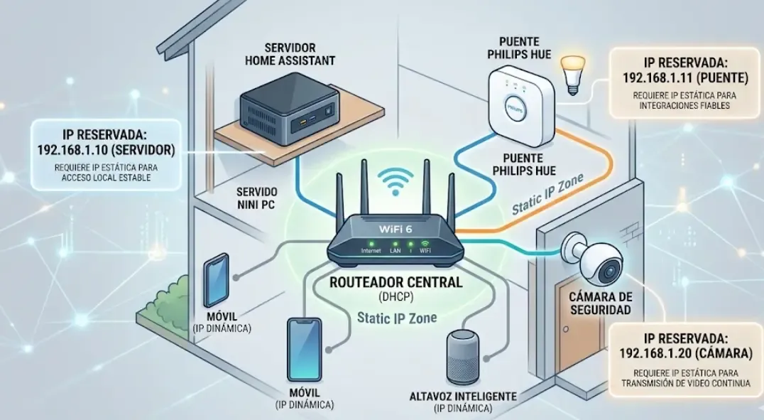 Varios dispositivos domóticos críticos como un servidor Home Assistant, un puente Philips Hue y una cámara de seguridad que requieren configuración de IP estática