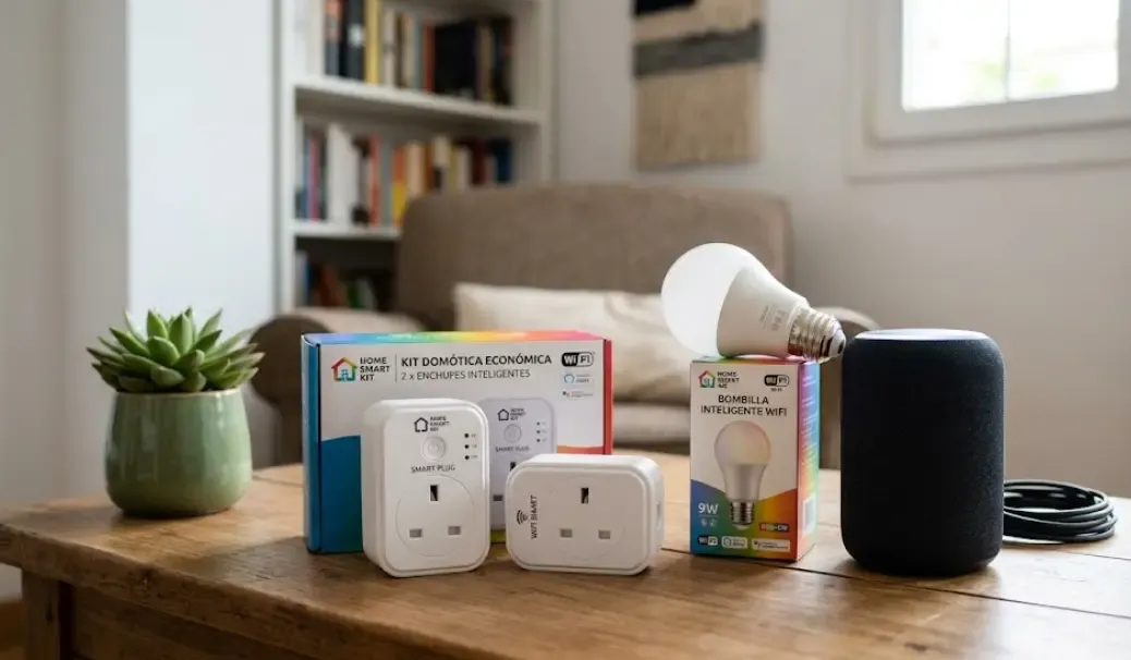 Kit de domótica barata con enchufes, bombillas y altavoz inteligente