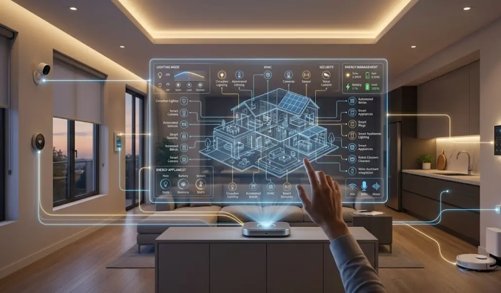 Hogar inteligente con múltiples dispositivos conectados y un panel de control táctil