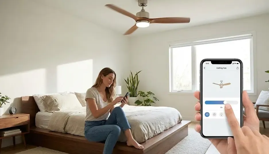 Persona usando el móvil para controlar un ventilador de techo inteligente en un dormitorio moderno