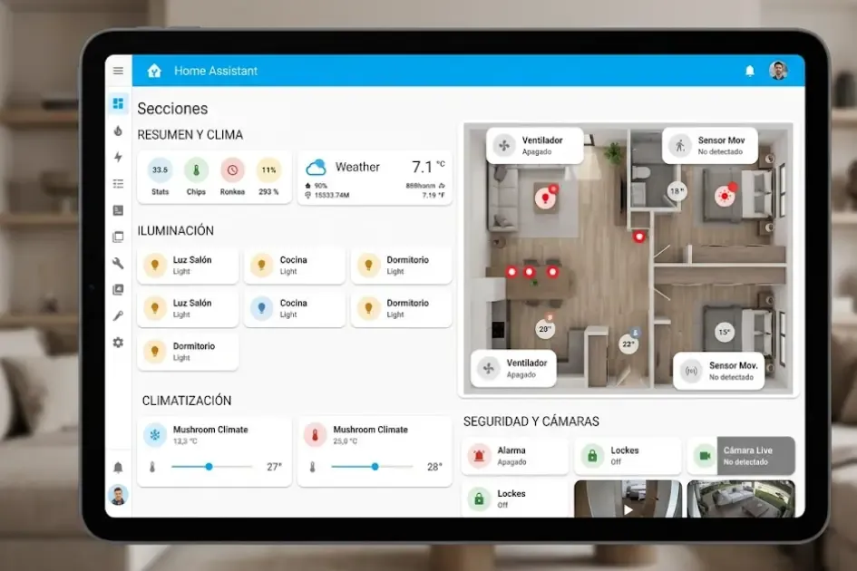Ejemplo real de dashboard Home Assistant con secciones, Mushroom Cards y plano 2D de vivienda
