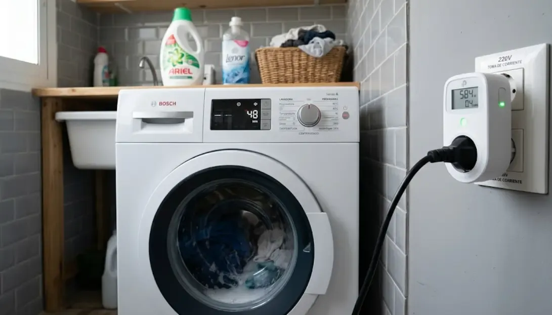 Enchufe inteligente con medidor de consumo conectado a lavadora