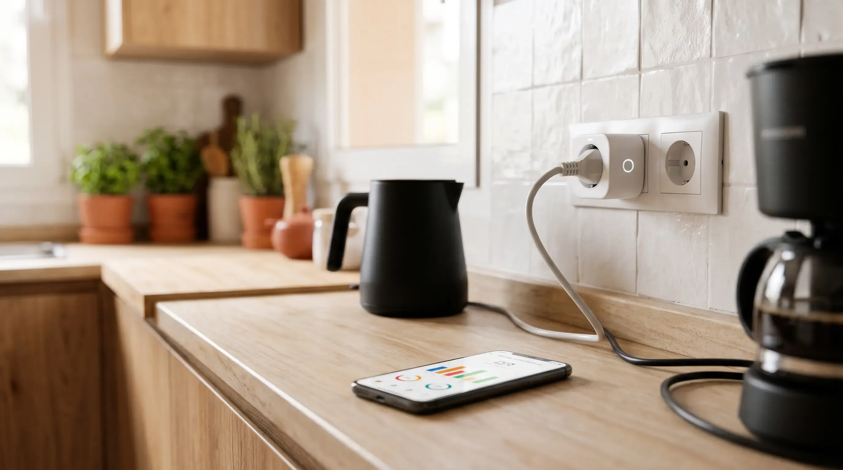 Enchufe inteligente con medidor de consumo en electrodoméstico de cocina