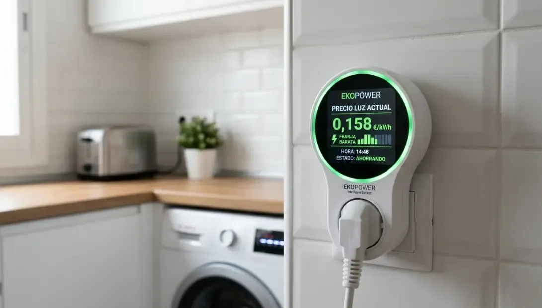 Persona sosteniendo un smartphone mostrando una app domótica con el precio de la luz en tiempo real, mientras al fondo un enchufe inteligente activa un termo de agua con un anillo LED verde.