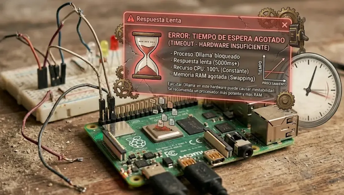 Raspberry Pi con cables conectados representando error de hardware lento con Ollama