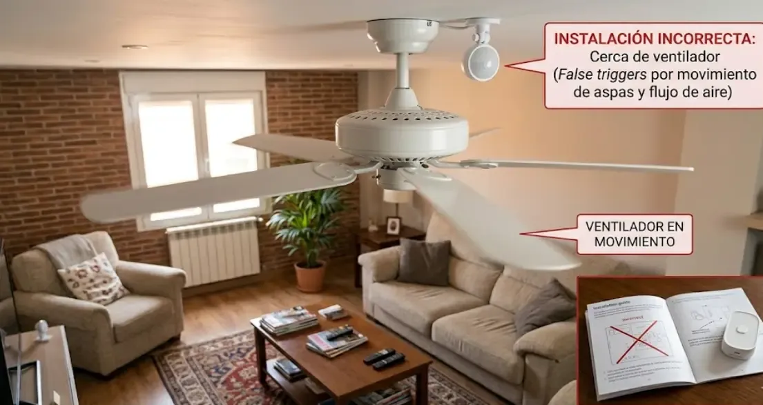 Ejemplo de instalación incorrecta de sensor cerca de ventilador de techo