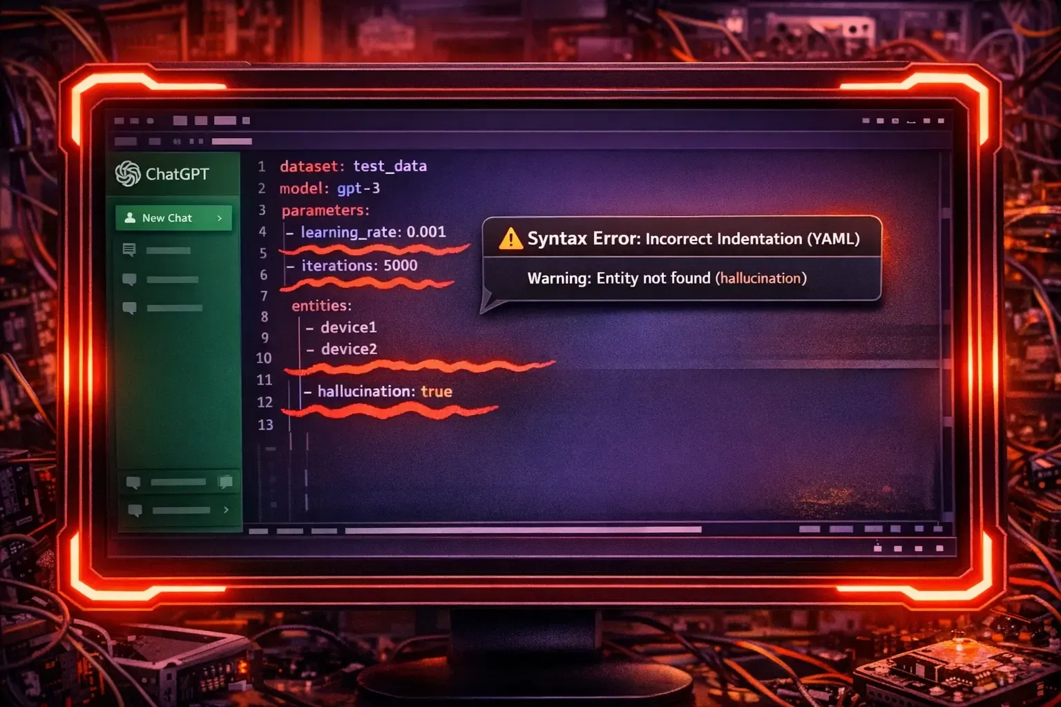 Ejemplo de error de sintaxis YAML en Home Assistant generado por IA