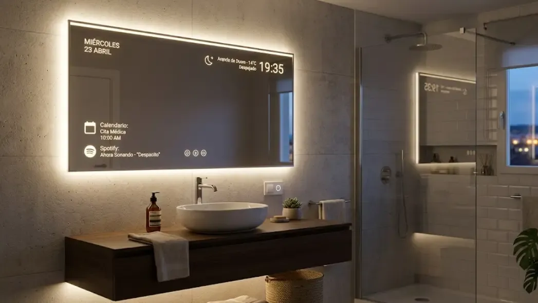 Espejo inteligente con retroiluminación LED regulable en baño moderno
