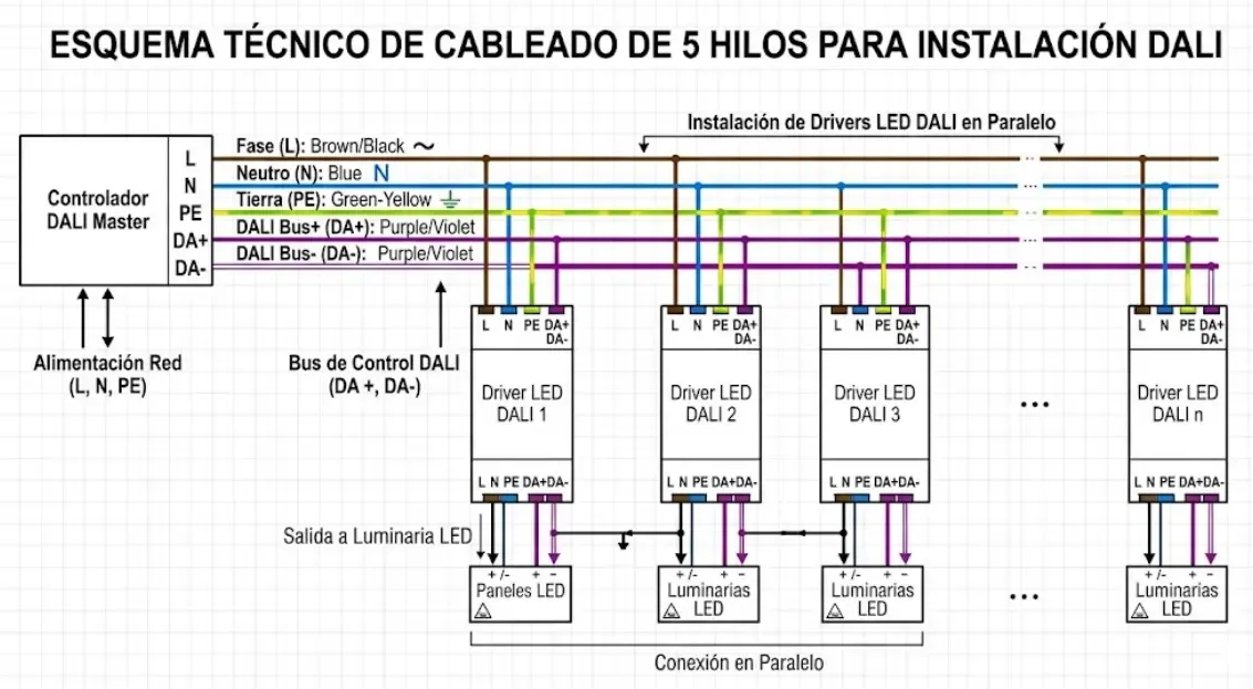 Esquema técnico que muestra el cableado de 5 hilos de una instalación DALI: Fase, Neutro, Tierra, DA+ y DA-, conectados a varios drivers de luces LED en paralelo.