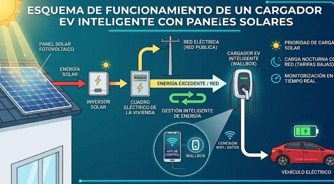 Esquema de funcionamiento de un cargador EV inteligente con paneles solares
