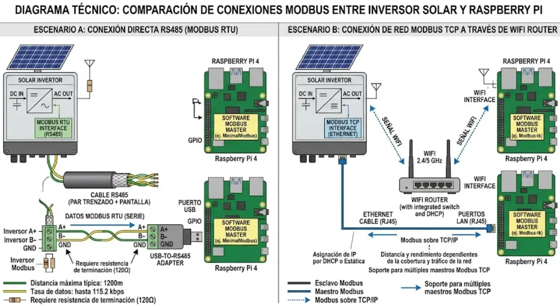 Esquema técnico mostrando la diferencia entre una conexión directa por cable RS485 Modbus RTU desde un inversor solar hasta una Raspberry Pi, frente a una conexión Modbus TCP a través de un router WiFi.