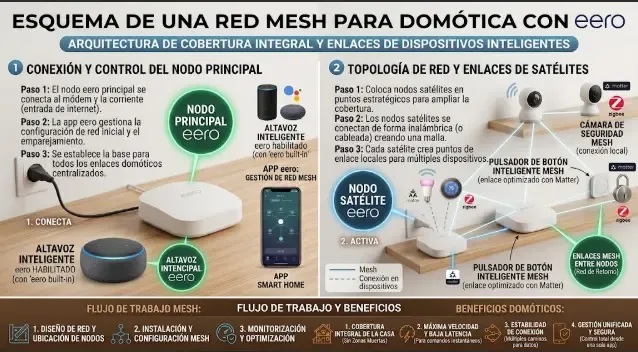 esquema de distribución de nodos de una red mesh en una vivienda de dos plantas para mejorar el wifi de la domotica