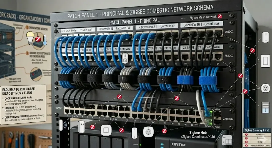 Esquema de red doméstica con rack y protocolo Zigbee