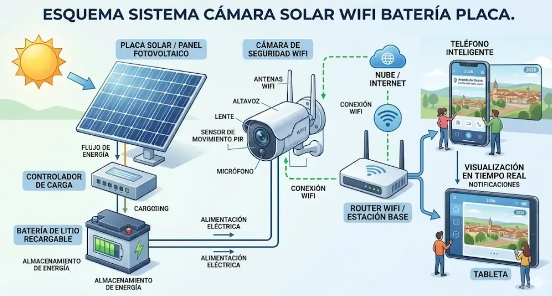 Esquema sistema cámara solar wifi batería placa