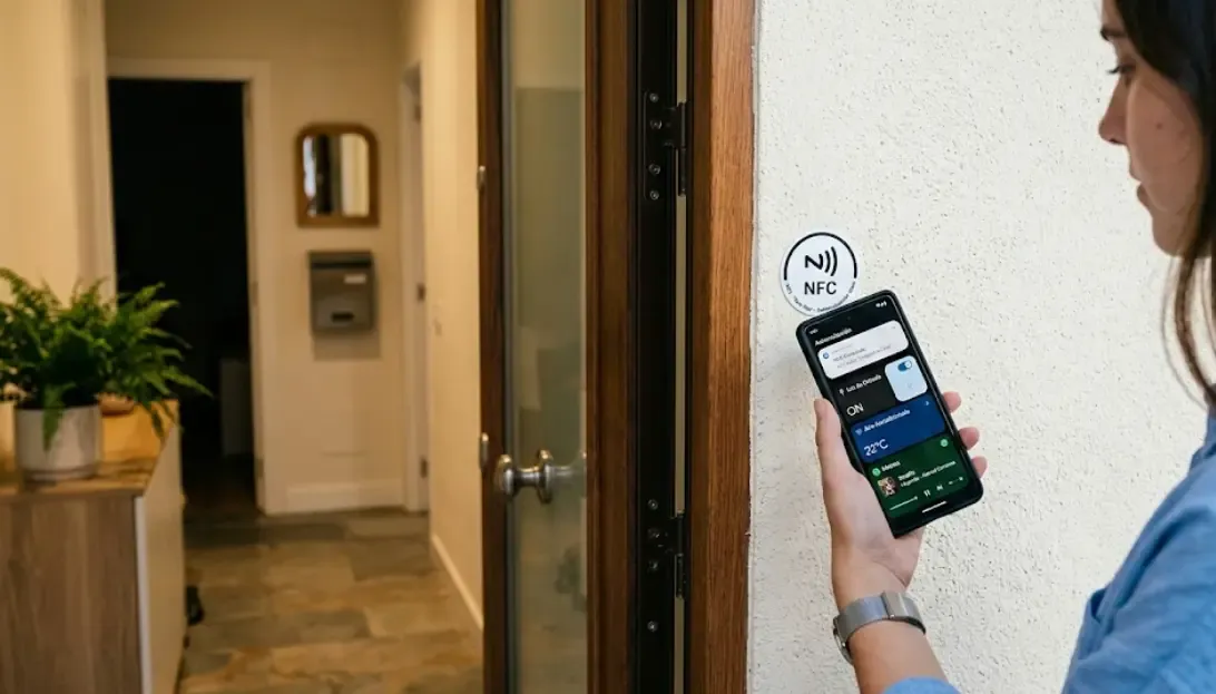 Etiqueta NFC pegada en pared junto a puerta de entrada con smartphone activando automatización