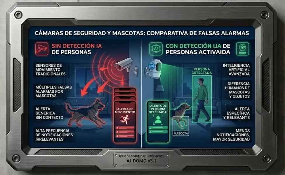 Cámaras seguridad mascotas falsas alarmas: comparativa con y sin detección IA de personas activada