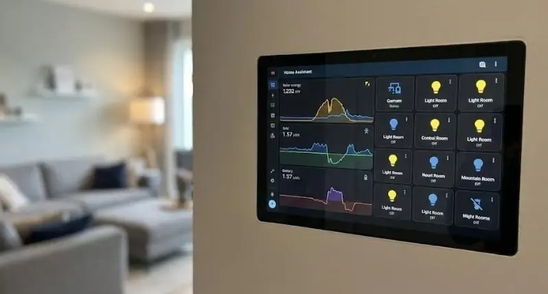 Tablet en la pared mostrando un dashboard de Home Assistant con gráficas de energía y control de luces