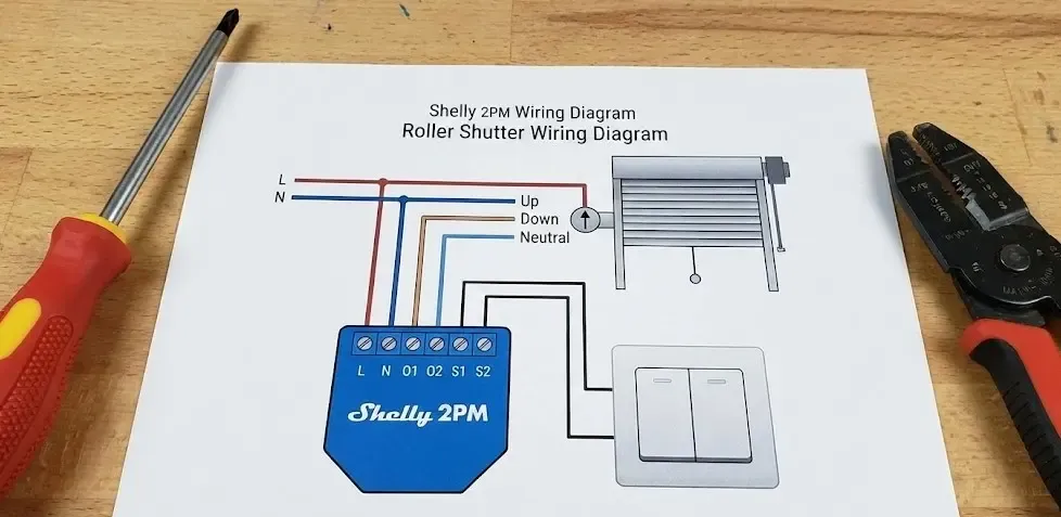 Esquema de cableado Shelly Plus 2PM para persianas mostrando conexiones L, N, O1, O2, S1, S2