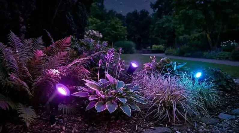Focos Philips Hue Lily iluminando plantas en un jardín nocturno con colores morados y azules