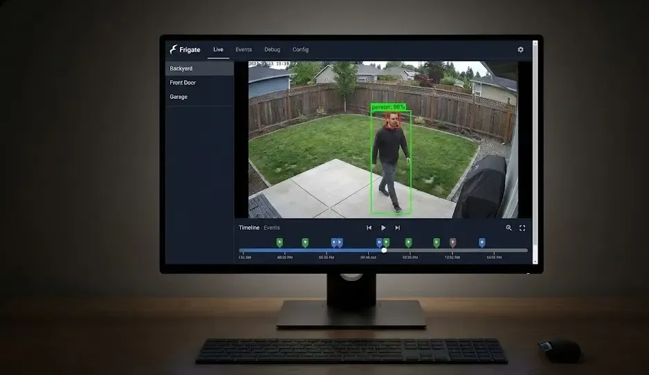 Interfaz de Frigate NVR mostrando detección de personas con recuadros de seguimiento