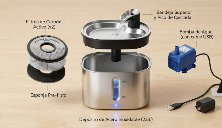 Despiece de una fuente inteligente donde se ve la bomba, el filtro de carbón activo y el depósito de acero inoxidable
