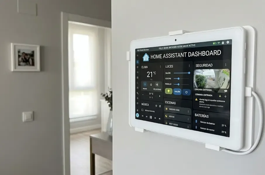 Pantalla principal de Fully Kiosk Browser configurado con dashboard de Home Assistant