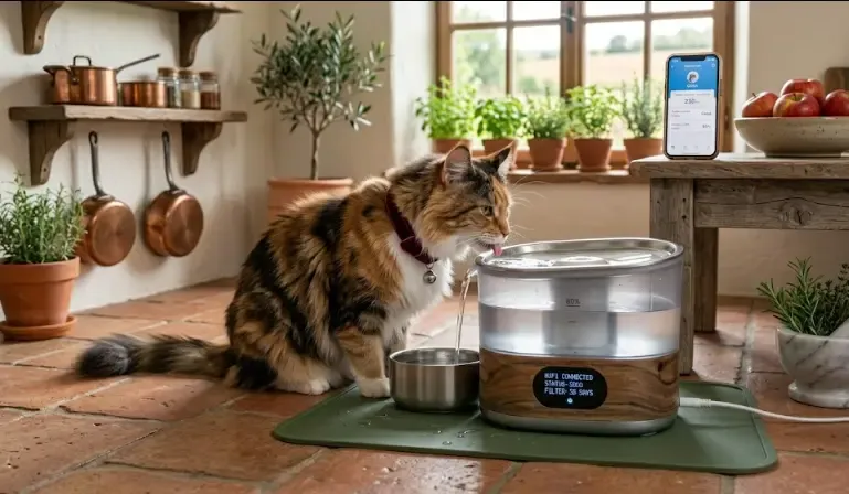 Gato bebiendo de una fuente inteligente con circulación de agua