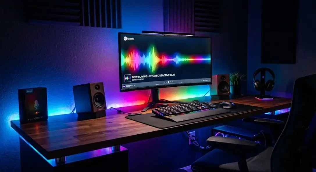 Tira LED Govee instalada en escritorio con efecto reactivo al audio