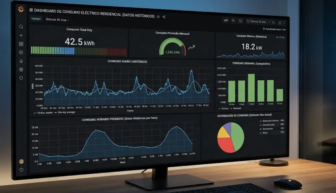 Dashboard de consumo eléctrico en Grafana con datos históricos