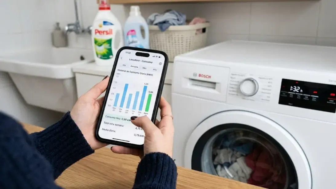 Historial de consumo de lavadora en app Tapo con gráfica diaria