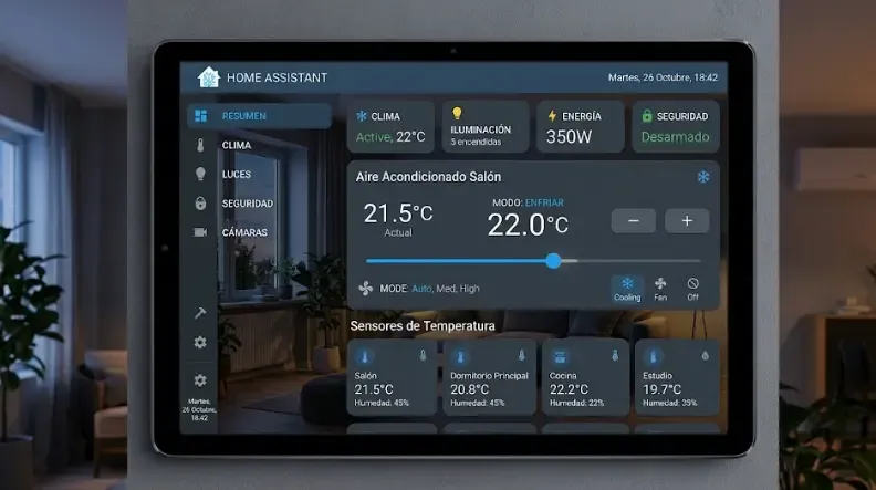 Dashboard de Home Assistant mostrando control de aire acondicionado y sensores de temperatura