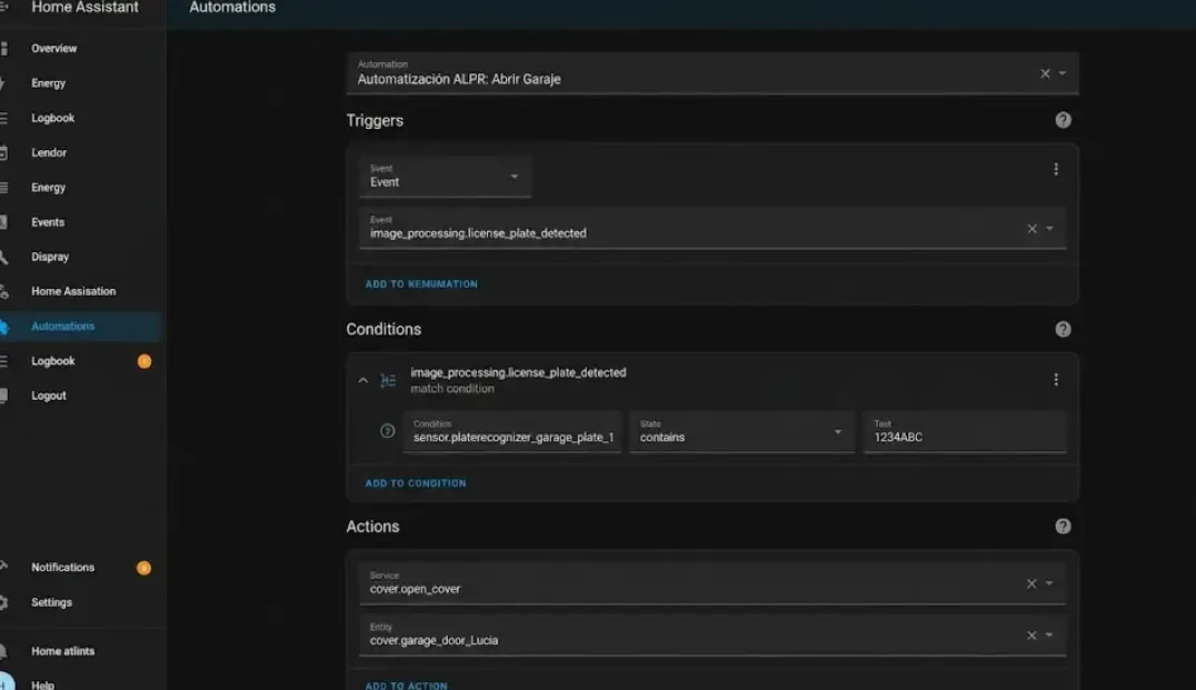 Captura de automatización en Home Assistant para ALPR