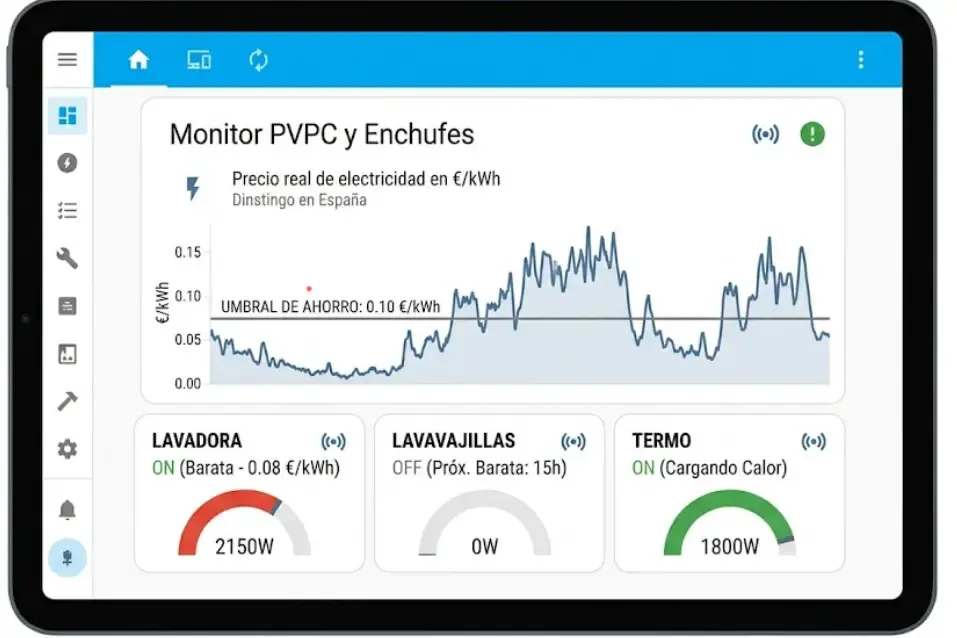 Captura de Home Assistant mostrando precio de luz y estado enchufes