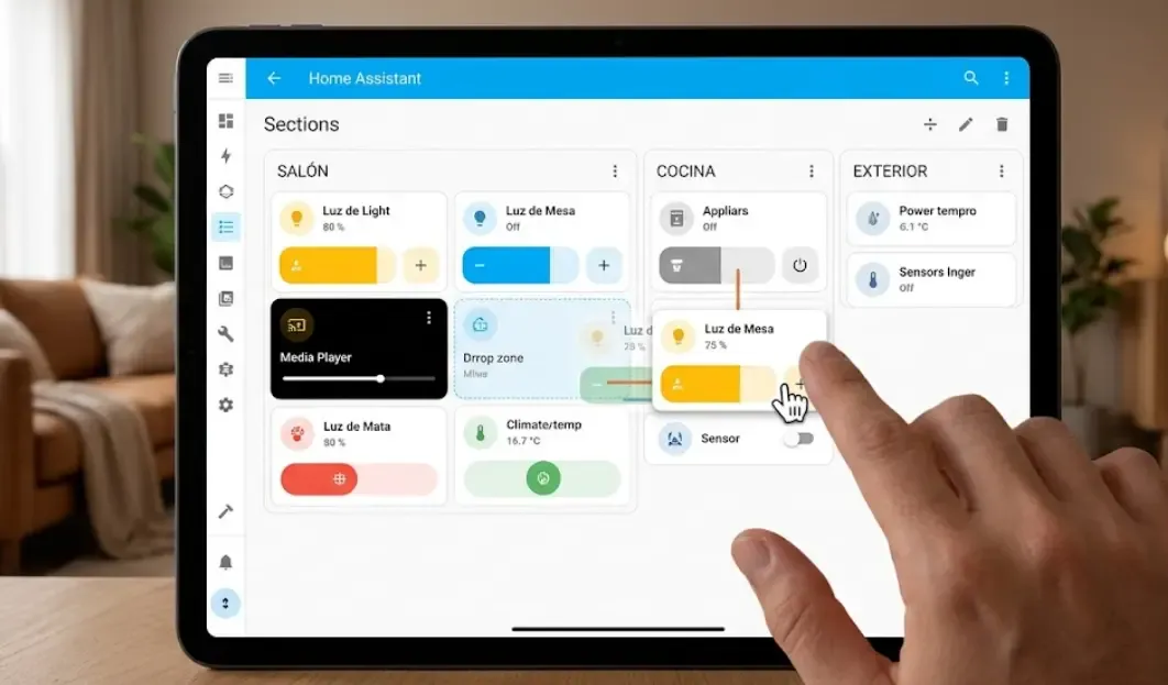 Nuevo layout de Secciones en Home Assistant 2026 con drag and drop y cards Mushroom