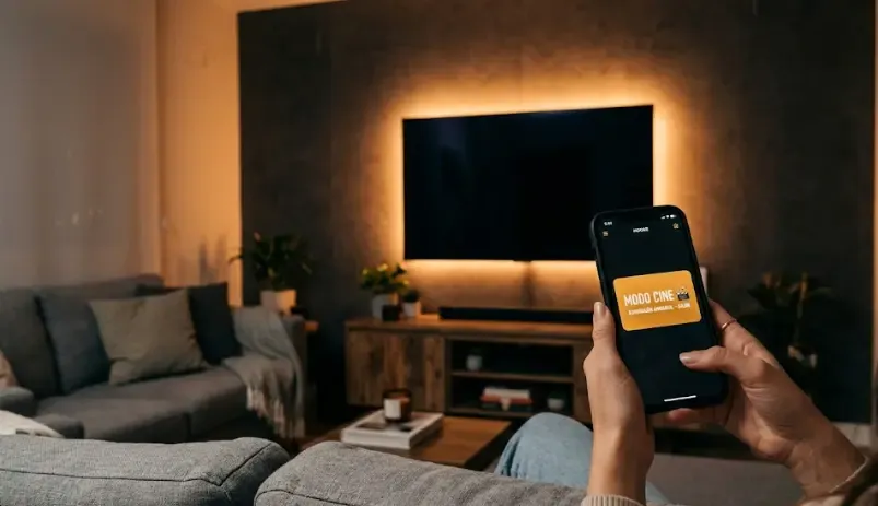 Salón moderno con televisor, tira LED ámbar detrás y manos con smartphone mostrando el botón 'Modo Cine'