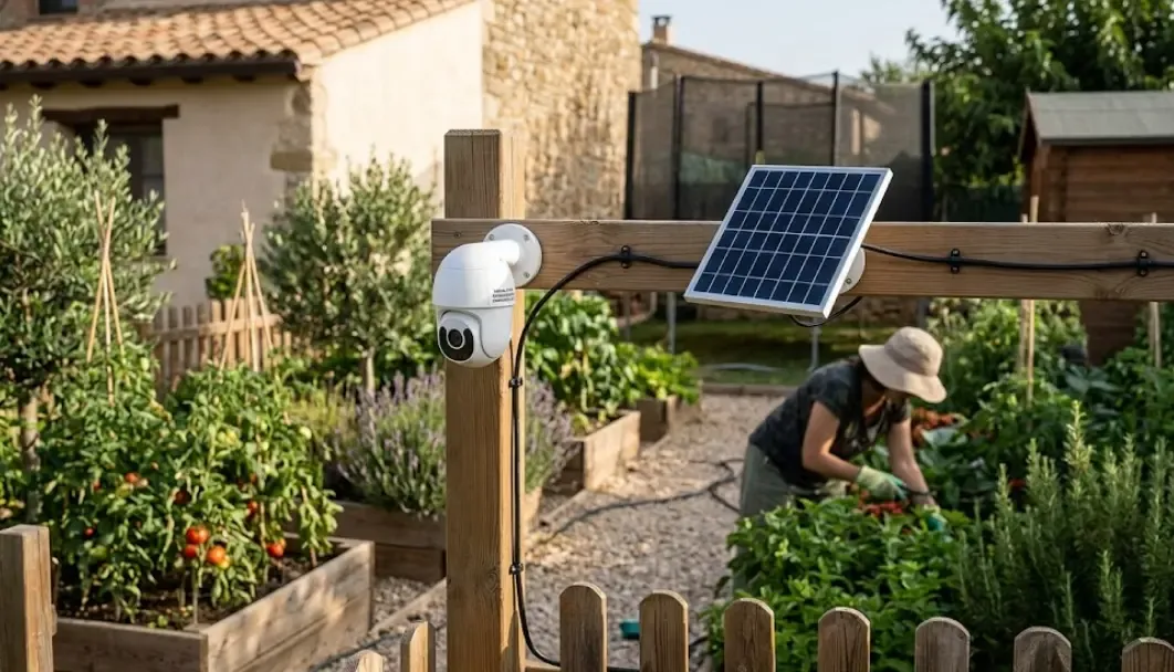 Instalación real de cámara solar exterior en jardín privado